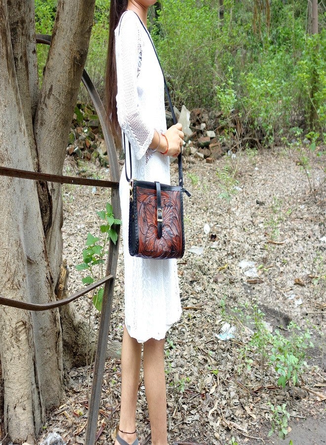 Cords Craft Genuine shoulder Bag, Hand Tooled Crossbody Bag for Women (Tan & Black) | Leather Sling Bag, Women's bag - Image 2